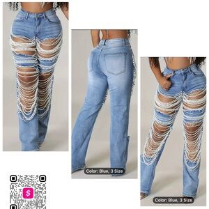 Stylish Blue Pearl Embellished Women Jeans